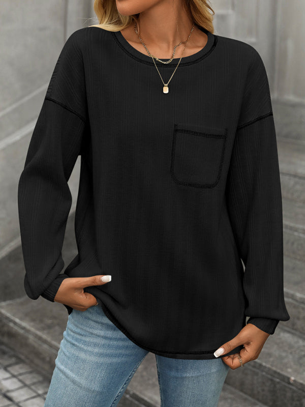 Blue Zone Planet | Women's ribbed brushed solid color round neck pocket casual loose T-shirt-[Adult]-[Female]-Black-S-2022 Online Blue Zone Planet