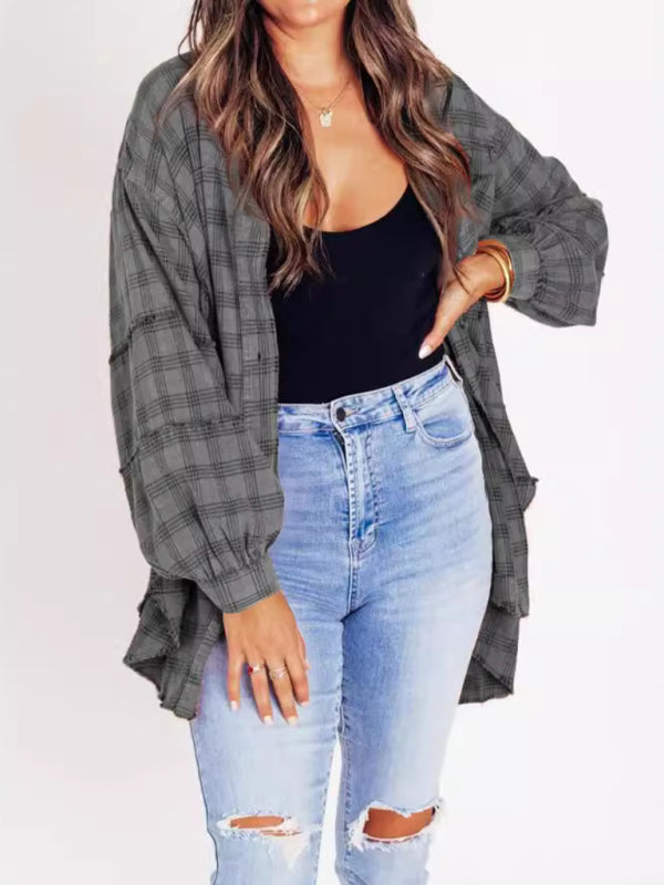 Blue Zone Planet | Raw Edge Lantern Sleeve Loose Button Plaid Shirt-[Adult]-[Female]-Charcoal grey-S-2022 Online Blue Zone Planet