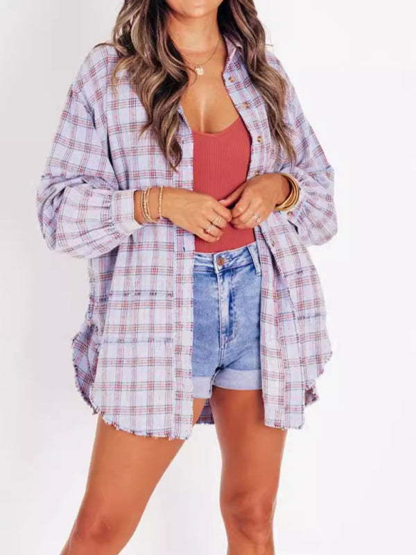 Blue Zone Planet | Raw Edge Lantern Sleeve Loose Button Plaid Shirt-[Adult]-[Female]-Purple-S-2022 Online Blue Zone Planet