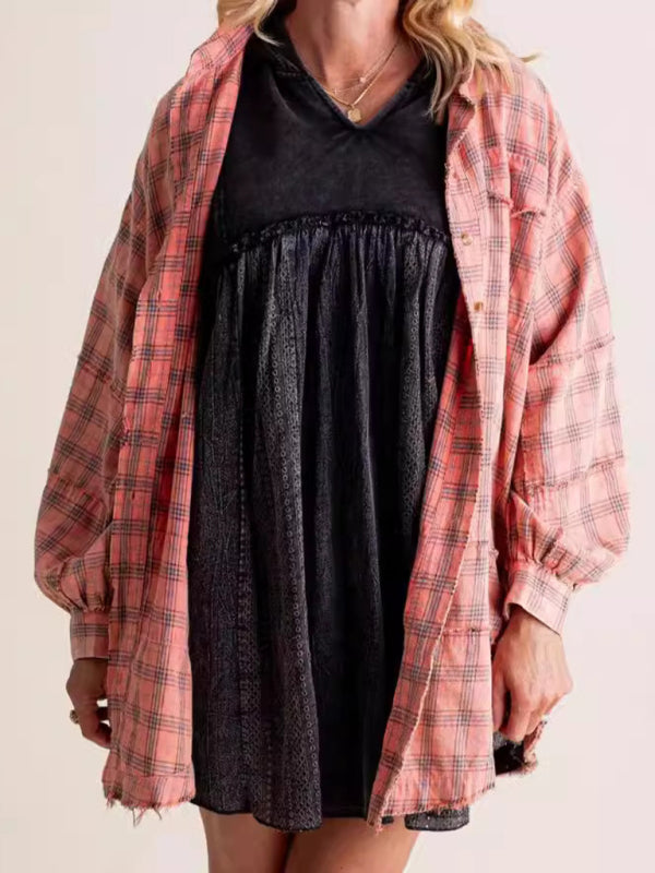 Blue Zone Planet | Raw Edge Lantern Sleeve Loose Button Plaid Shirt-[Adult]-[Female]-Pink-S-2022 Online Blue Zone Planet