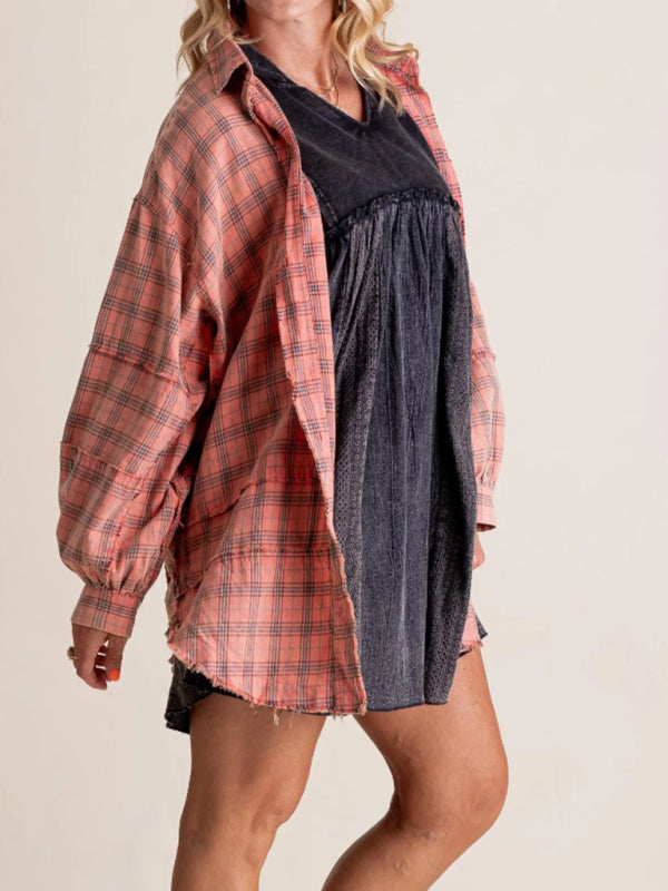 Blue Zone Planet | Raw Edge Lantern Sleeve Loose Button Plaid Shirt-[Adult]-[Female]-2022 Online Blue Zone Planet