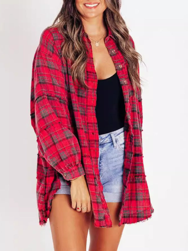 Blue Zone Planet | Raw Edge Lantern Sleeve Loose Button Plaid Shirt-[Adult]-[Female]-2022 Online Blue Zone Planet