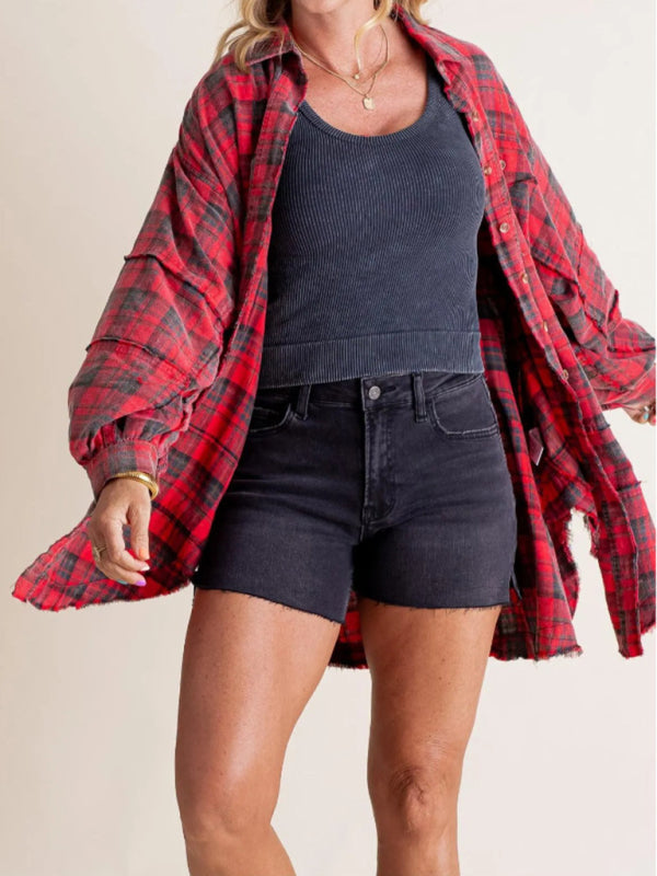 Blue Zone Planet | Raw Edge Lantern Sleeve Loose Button Plaid Shirt-[Adult]-[Female]-Red-S-2022 Online Blue Zone Planet