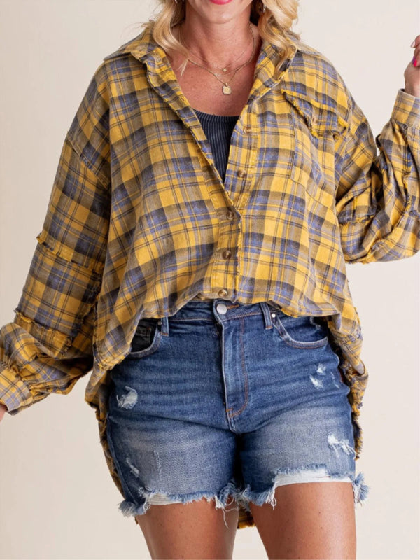 Blue Zone Planet | Raw Edge Lantern Sleeve Loose Button Plaid Shirt-[Adult]-[Female]-Yellow-S-2022 Online Blue Zone Planet