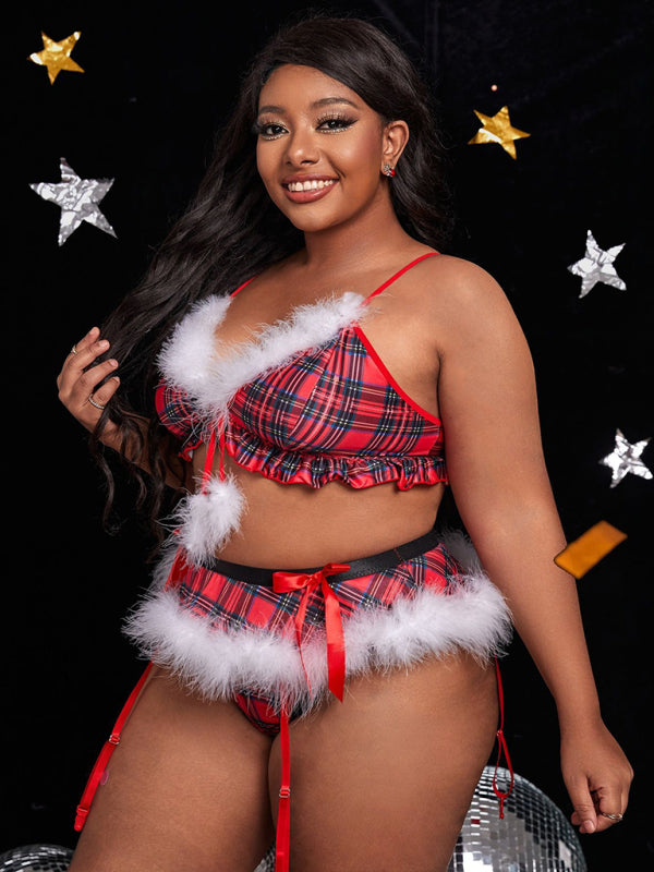 Blue Zone Planet | Aria's Plus Size Red Plaid Furry Christmas Lingerie-TOPS / DRESSES-[Adult]-[Female]-Red-XL-2022 Online Blue Zone Planet