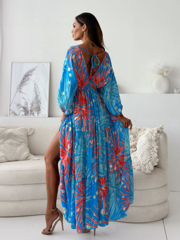 Blue Zone Planet | Sexy deep V multi-color printed slit dress with three-quarter sleeves-TOPS / DRESSES-[Adult]-[Female]-2022 Online Blue Zone Planet