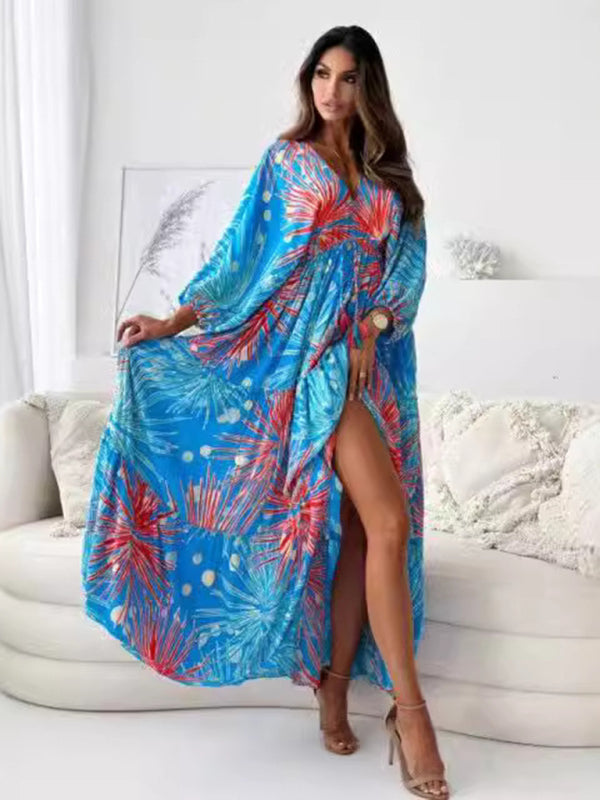 Blue Zone Planet | Sexy deep V multi-color printed slit dress with three-quarter sleeves-TOPS / DRESSES-[Adult]-[Female]-Blue-S-2022 Online Blue Zone Planet