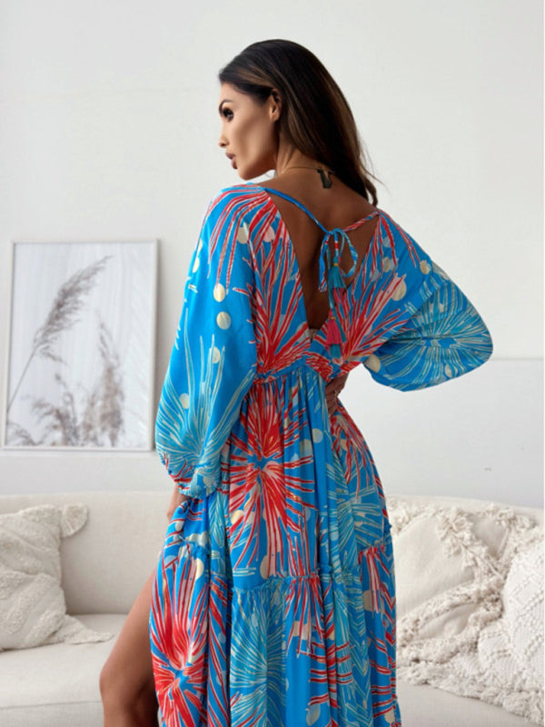 Blue Zone Planet | Sexy deep V multi-color printed slit dress with three-quarter sleeves-TOPS / DRESSES-[Adult]-[Female]-2022 Online Blue Zone Planet