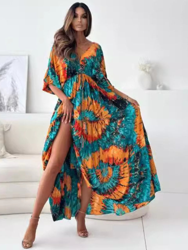 Blue Zone Planet | Sexy deep V multi-color printed slit dress with three-quarter sleeves-TOPS / DRESSES-[Adult]-[Female]-2022 Online Blue Zone Planet