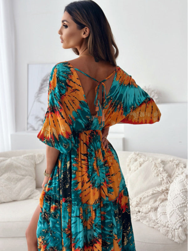 Blue Zone Planet | Sexy deep V multi-color printed slit dress with three-quarter sleeves-TOPS / DRESSES-[Adult]-[Female]-2022 Online Blue Zone Planet