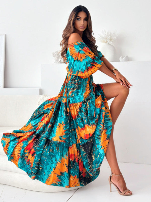 Blue Zone Planet | Sexy deep V multi-color printed slit dress with three-quarter sleeves-TOPS / DRESSES-[Adult]-[Female]-2022 Online Blue Zone Planet