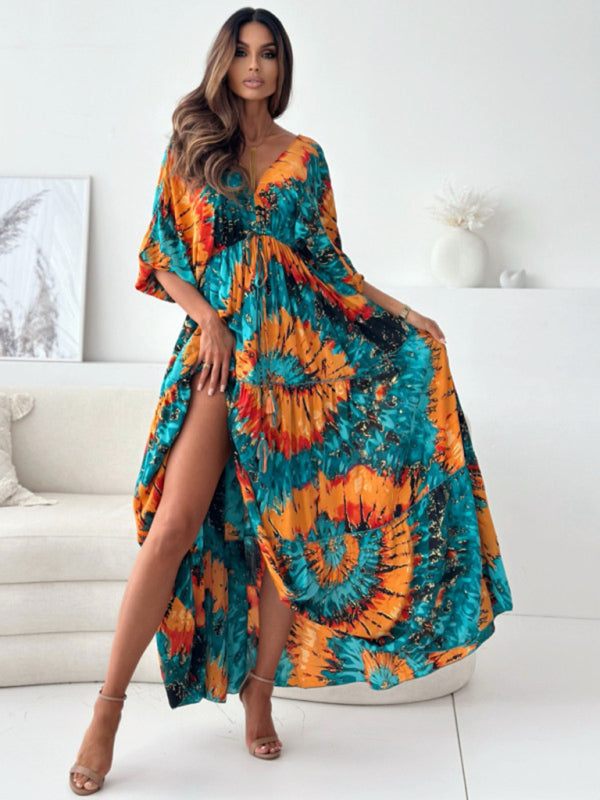 Blue Zone Planet | Sexy deep V multi-color printed slit dress with three-quarter sleeves-TOPS / DRESSES-[Adult]-[Female]-Green-S-2022 Online Blue Zone Planet