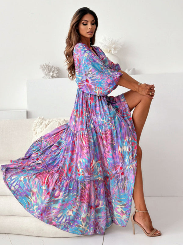 Blue Zone Planet | Sexy deep V multi-color printed slit dress with three-quarter sleeves-TOPS / DRESSES-[Adult]-[Female]-2022 Online Blue Zone Planet