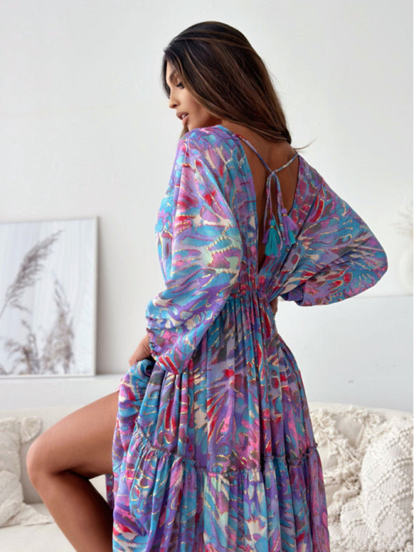 Blue Zone Planet | Sexy deep V multi-color printed slit dress with three-quarter sleeves-TOPS / DRESSES-[Adult]-[Female]-2022 Online Blue Zone Planet