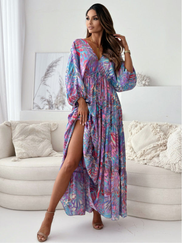 Blue Zone Planet | Sexy deep V multi-color printed slit dress with three-quarter sleeves-TOPS / DRESSES-[Adult]-[Female]-2022 Online Blue Zone Planet