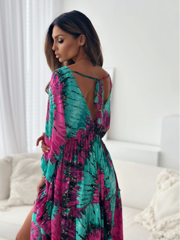 Blue Zone Planet | Sexy deep V multi-color printed slit dress with three-quarter sleeves-TOPS / DRESSES-[Adult]-[Female]-2022 Online Blue Zone Planet