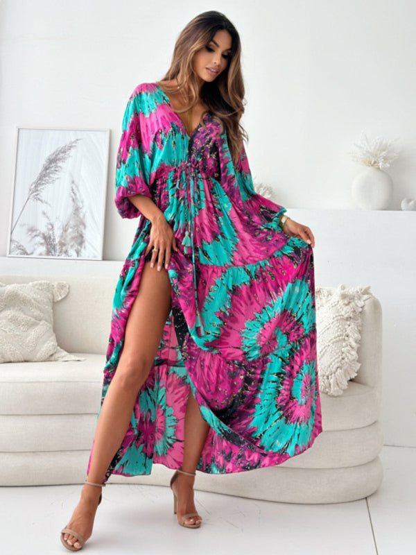 Blue Zone Planet | Sexy deep V multi-color printed slit dress with three-quarter sleeves-TOPS / DRESSES-[Adult]-[Female]-2022 Online Blue Zone Planet