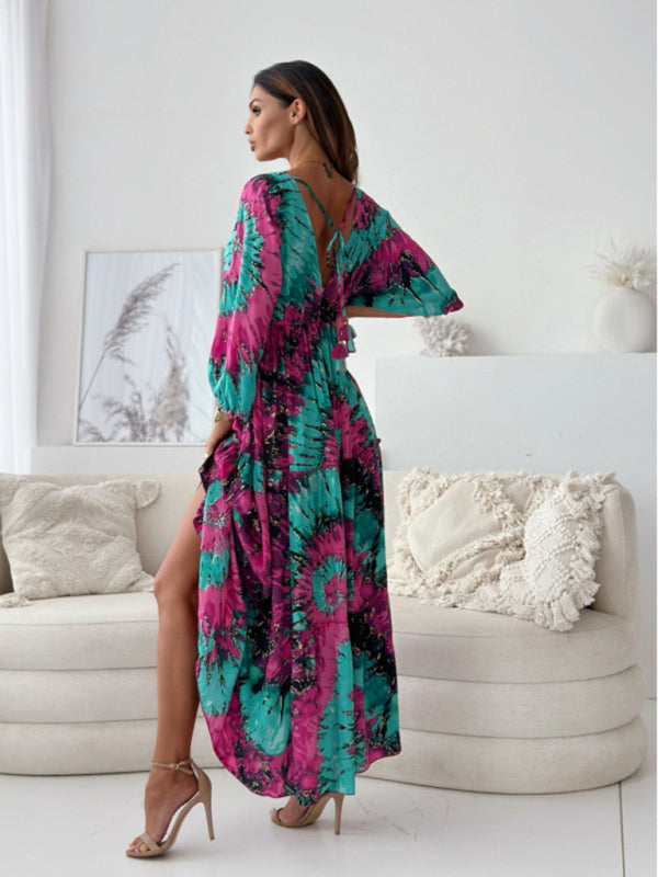 Blue Zone Planet | Sexy deep V multi-color printed slit dress with three-quarter sleeves-TOPS / DRESSES-[Adult]-[Female]-2022 Online Blue Zone Planet