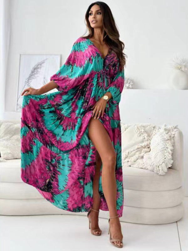 Blue Zone Planet | Sexy deep V multi-color printed slit dress with three-quarter sleeves-TOPS / DRESSES-[Adult]-[Female]-Purple-S-2022 Online Blue Zone Planet