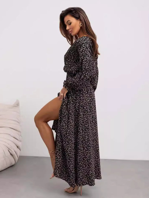 Blue Zone Planet | Women's Printed V-Neck Sexy Slit Long Sleeve Dress-TOPS / DRESSES-[Adult]-[Female]-2022 Online Blue Zone Planet