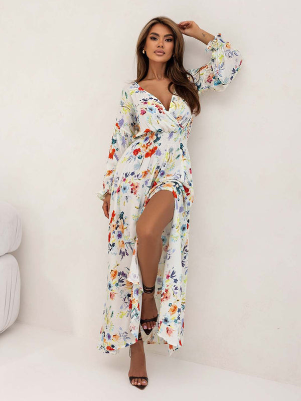 Blue Zone Planet | Women's Printed V-Neck Sexy Slit Long Sleeve Dress-TOPS / DRESSES-[Adult]-[Female]-2022 Online Blue Zone Planet