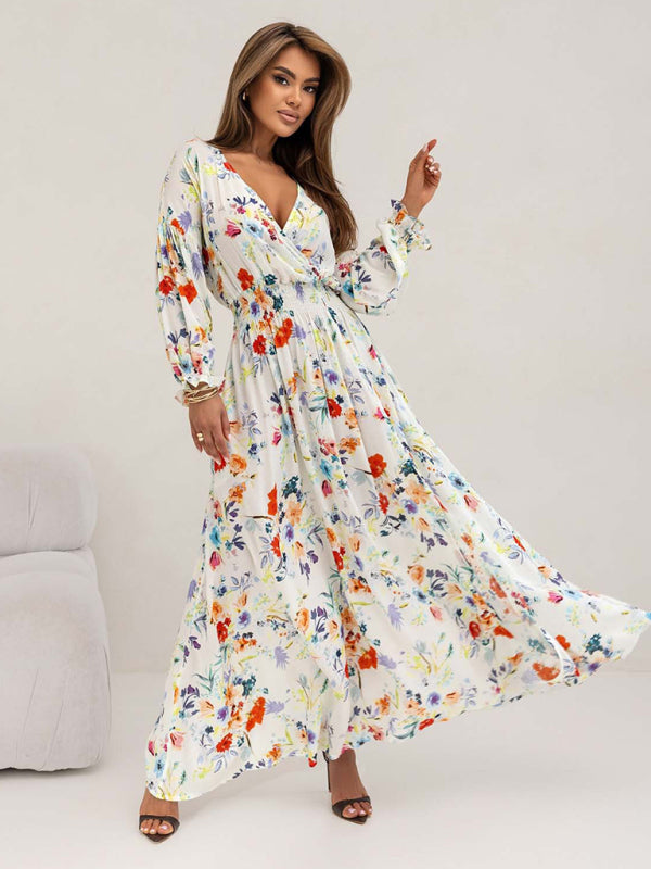 Blue Zone Planet | Women's Printed V-Neck Sexy Slit Long Sleeve Dress-TOPS / DRESSES-[Adult]-[Female]-2022 Online Blue Zone Planet