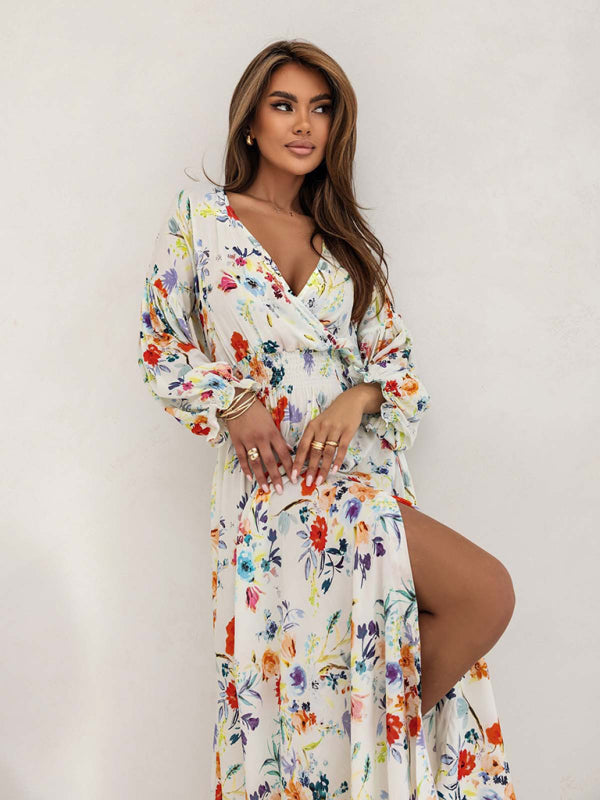 Blue Zone Planet | Women's Printed V-Neck Sexy Slit Long Sleeve Dress-TOPS / DRESSES-[Adult]-[Female]-White-S-2022 Online Blue Zone Planet