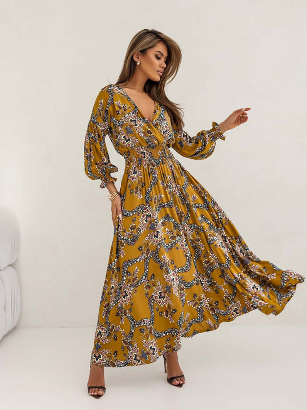 Blue Zone Planet | Women's Printed V-Neck Sexy Slit Long Sleeve Dress-TOPS / DRESSES-[Adult]-[Female]-2022 Online Blue Zone Planet