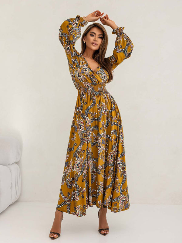 Blue Zone Planet | Women's Printed V-Neck Sexy Slit Long Sleeve Dress-TOPS / DRESSES-[Adult]-[Female]-2022 Online Blue Zone Planet