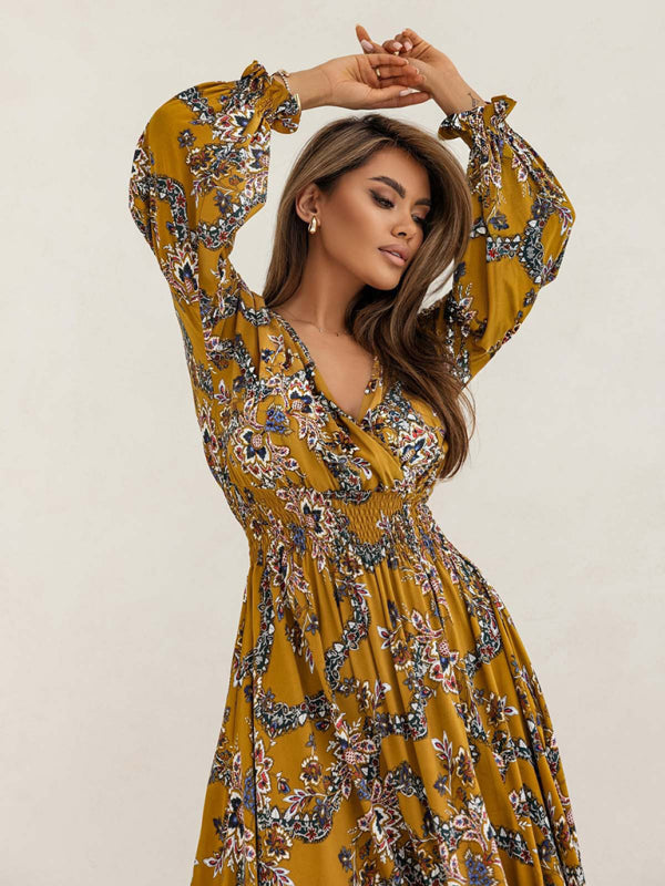 Blue Zone Planet | Women's Printed V-Neck Sexy Slit Long Sleeve Dress-TOPS / DRESSES-[Adult]-[Female]-Yellow-S-2022 Online Blue Zone Planet