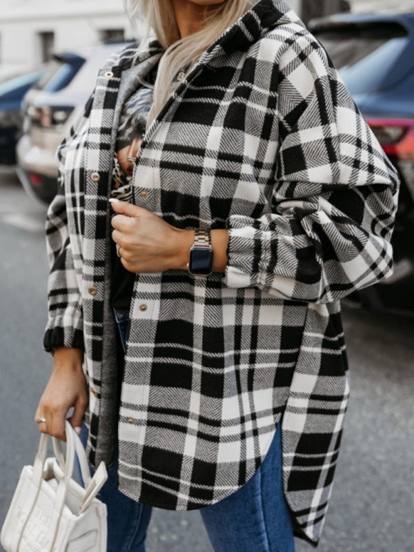 Blue Zone Planet | Ladies new loose casual hooded plaid jacket-Tops / Dresses-[Adult]-[Female]-2022 Online Blue Zone Planet