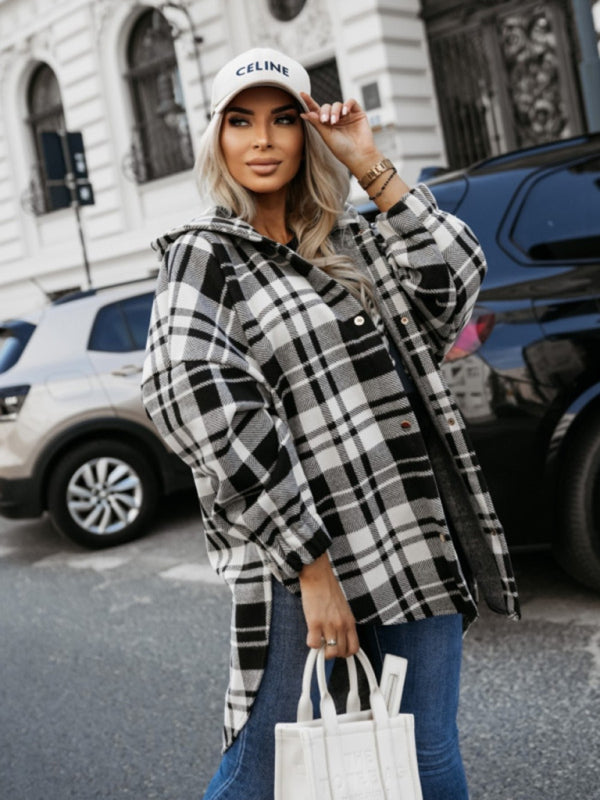 Blue Zone Planet | Ladies new loose casual hooded plaid jacket-Tops / Dresses-[Adult]-[Female]-2022 Online Blue Zone Planet