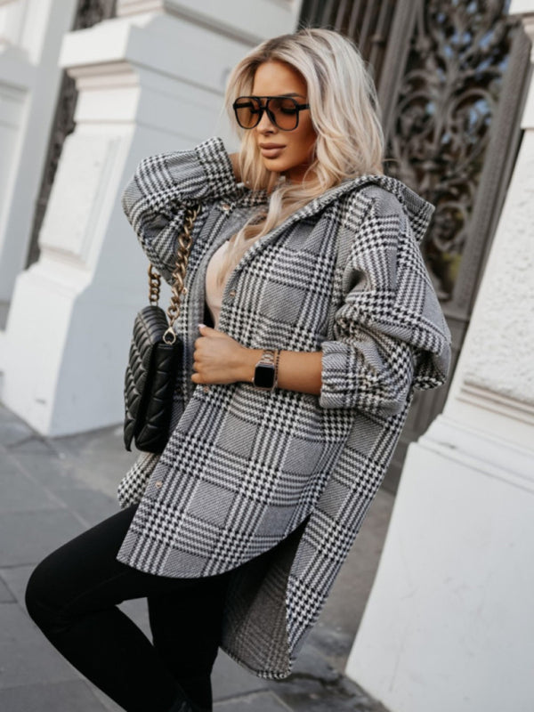 Blue Zone Planet | Ladies new loose casual hooded plaid jacket-Tops / Dresses-[Adult]-[Female]-2022 Online Blue Zone Planet