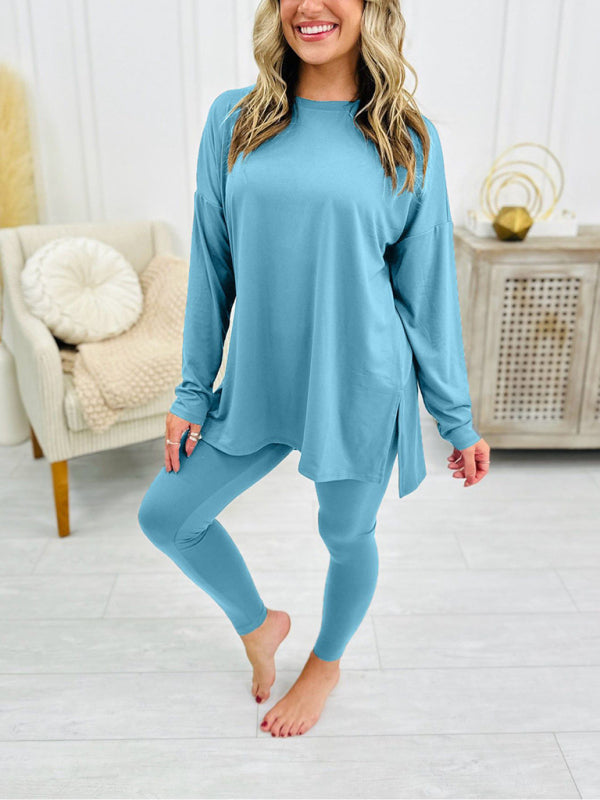 Blue Zone Planet | Women's new two-piece suits able solid color long-sleeved split suits home clothes-[Adult]-[Female]-Sky blue azure-S-2022 Online Blue Zone Planet