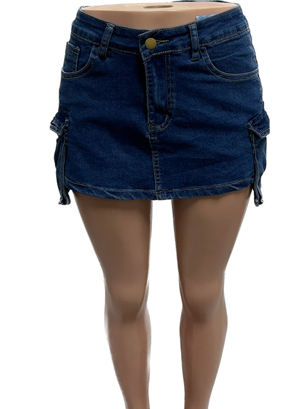 Ladies new retro washed stretch denim cotton short hip skirt pants-[Adult]-[Female]-2022 Online Blue Zone Planet