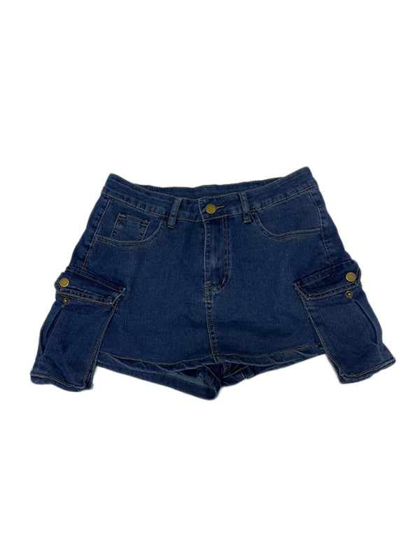 Ladies new retro washed stretch denim cotton short hip skirt pants-[Adult]-[Female]-2022 Online Blue Zone Planet