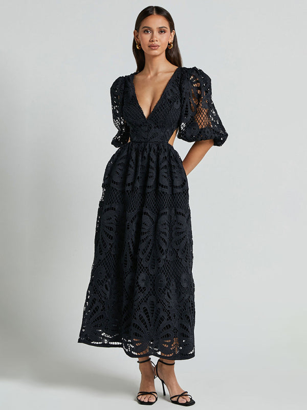 Blue Zone Planet | Women's Hollow V-neck Lace Embroidery Sexy Waist-baring Dress-TOPS / DRESSES-[Adult]-[Female]-Black-S-2022 Online Blue Zone Planet