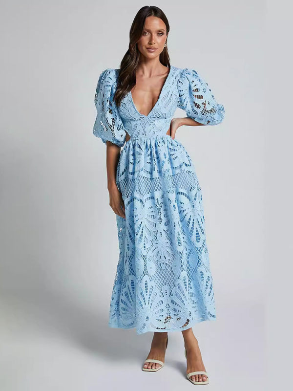 Blue Zone Planet | Women's Hollow V-neck Lace Embroidery Sexy Waist-baring Dress-TOPS / DRESSES-[Adult]-[Female]-Clear blue-S-2022 Online Blue Zone Planet