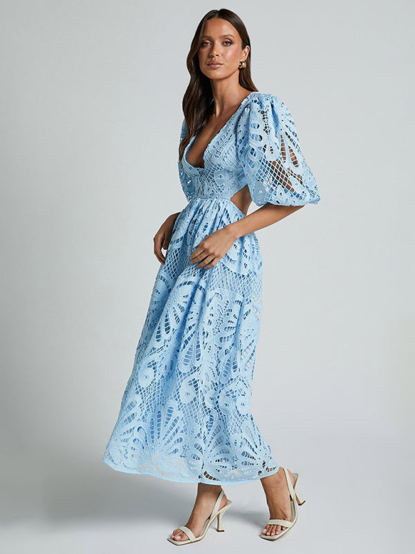 Blue Zone Planet | Women's Hollow V-neck Lace Embroidery Sexy Waist-baring Dress-TOPS / DRESSES-[Adult]-[Female]-2022 Online Blue Zone Planet