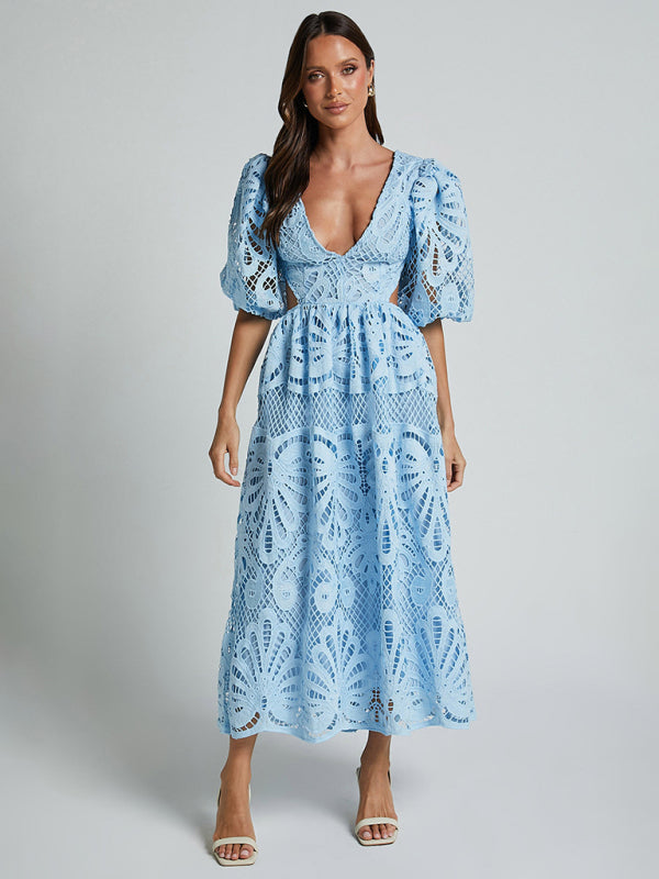 Blue Zone Planet | Women's Hollow V-neck Lace Embroidery Sexy Waist-baring Dress-TOPS / DRESSES-[Adult]-[Female]-2022 Online Blue Zone Planet