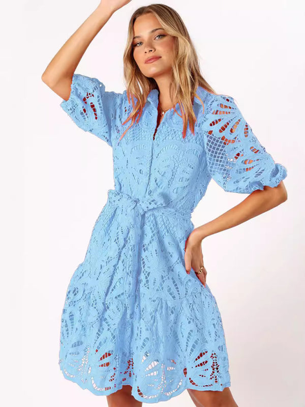 Blue Zone Planet | New Sexy Hollow Lace Flower Mid-Sleeve Commuter Button Shirt Dress-TOPS / DRESSES-[Adult]-[Female]-Clear blue-S-2022 Online Blue Zone Planet