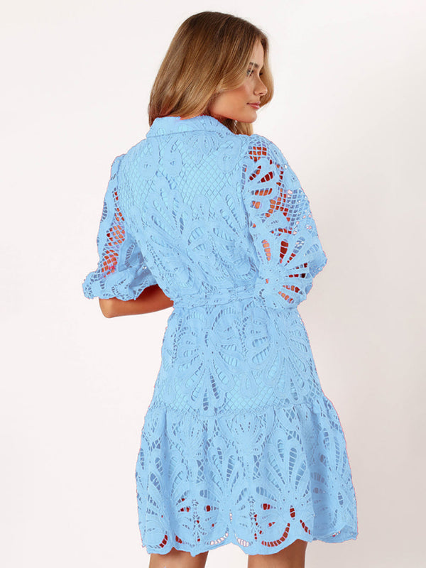 Blue Zone Planet | New Sexy Hollow Lace Flower Mid-Sleeve Commuter Button Shirt Dress-TOPS / DRESSES-[Adult]-[Female]-2022 Online Blue Zone Planet