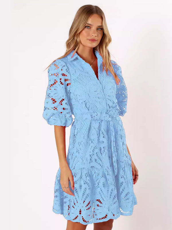 Blue Zone Planet | New Sexy Hollow Lace Flower Mid-Sleeve Commuter Button Shirt Dress-TOPS / DRESSES-[Adult]-[Female]-2022 Online Blue Zone Planet