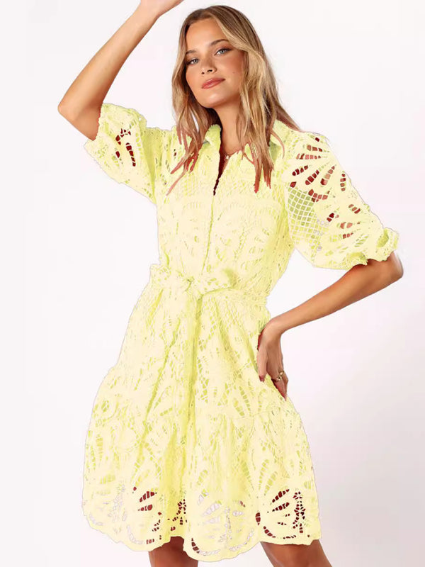 Blue Zone Planet | New Sexy Hollow Lace Flower Mid-Sleeve Commuter Button Shirt Dress-TOPS / DRESSES-[Adult]-[Female]-Light yellow-S-2022 Online Blue Zone Planet