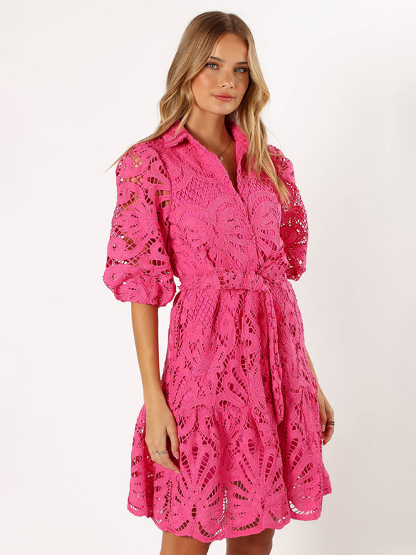 Blue Zone Planet | New Sexy Hollow Lace Flower Mid-Sleeve Commuter Button Shirt Dress-TOPS / DRESSES-[Adult]-[Female]-2022 Online Blue Zone Planet