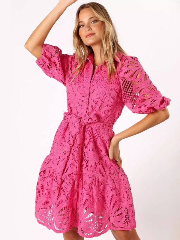 Blue Zone Planet | New Sexy Hollow Lace Flower Mid-Sleeve Commuter Button Shirt Dress-TOPS / DRESSES-[Adult]-[Female]-Rose-S-2022 Online Blue Zone Planet