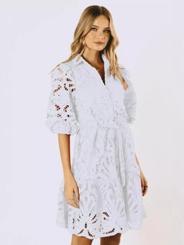 Blue Zone Planet | New Sexy Hollow Lace Flower Mid-Sleeve Commuter Button Shirt Dress-TOPS / DRESSES-[Adult]-[Female]-White-S-2022 Online Blue Zone Planet