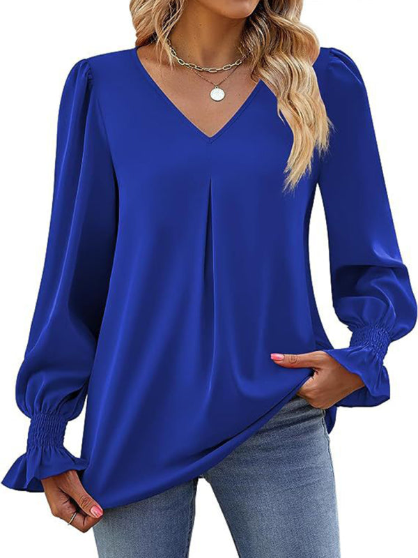 New solid color chiffon shirt V-neck pullover flared long-sleeved top shirt-[Adult]-[Female]-2022 Online Blue Zone Planet