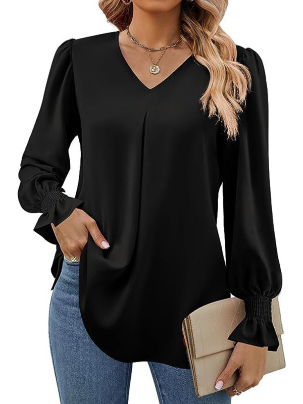 New solid color chiffon shirt V-neck pullover flared long-sleeved top shirt-[Adult]-[Female]-Black-S-2022 Online Blue Zone Planet