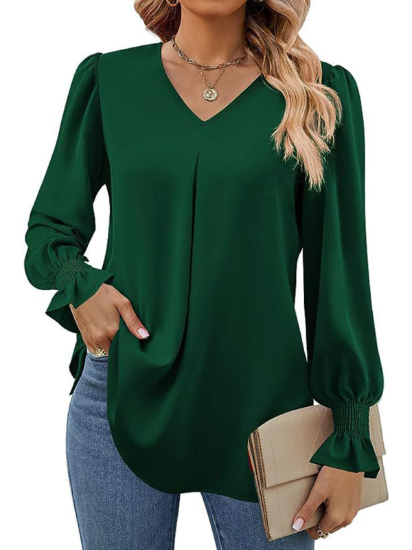 New solid color chiffon shirt V-neck pullover flared long-sleeved top shirt-[Adult]-[Female]-Green-S-2022 Online Blue Zone Planet